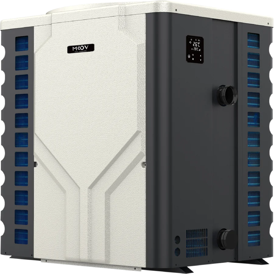 A compact heat pump or chiller unit with a textured off-white front panel, dark gray side and back panels, blue vented sections on the sides, and a small digital display on the upper right.