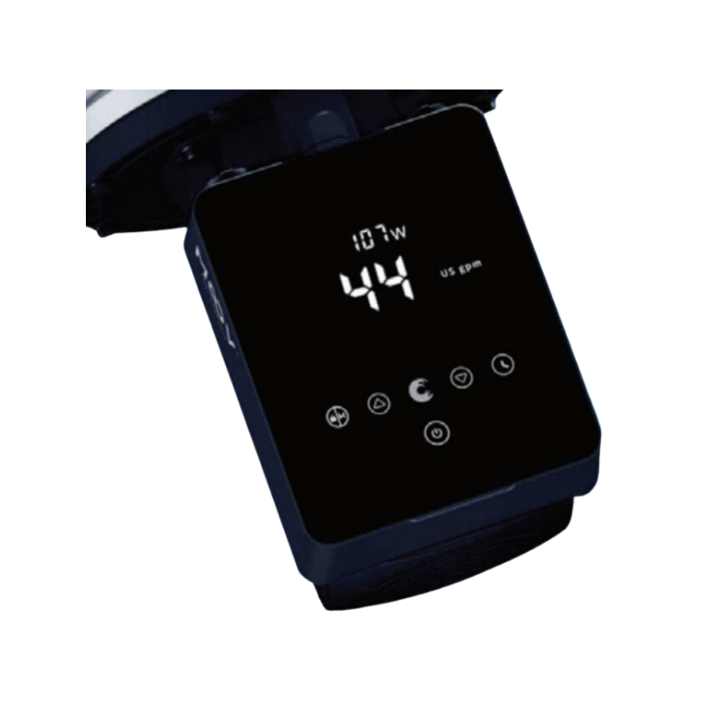 A close-up of a black electronic device with a glossy front panel and white digital display showing '10.7W' and '44 us gm', photographed on a plain white background.