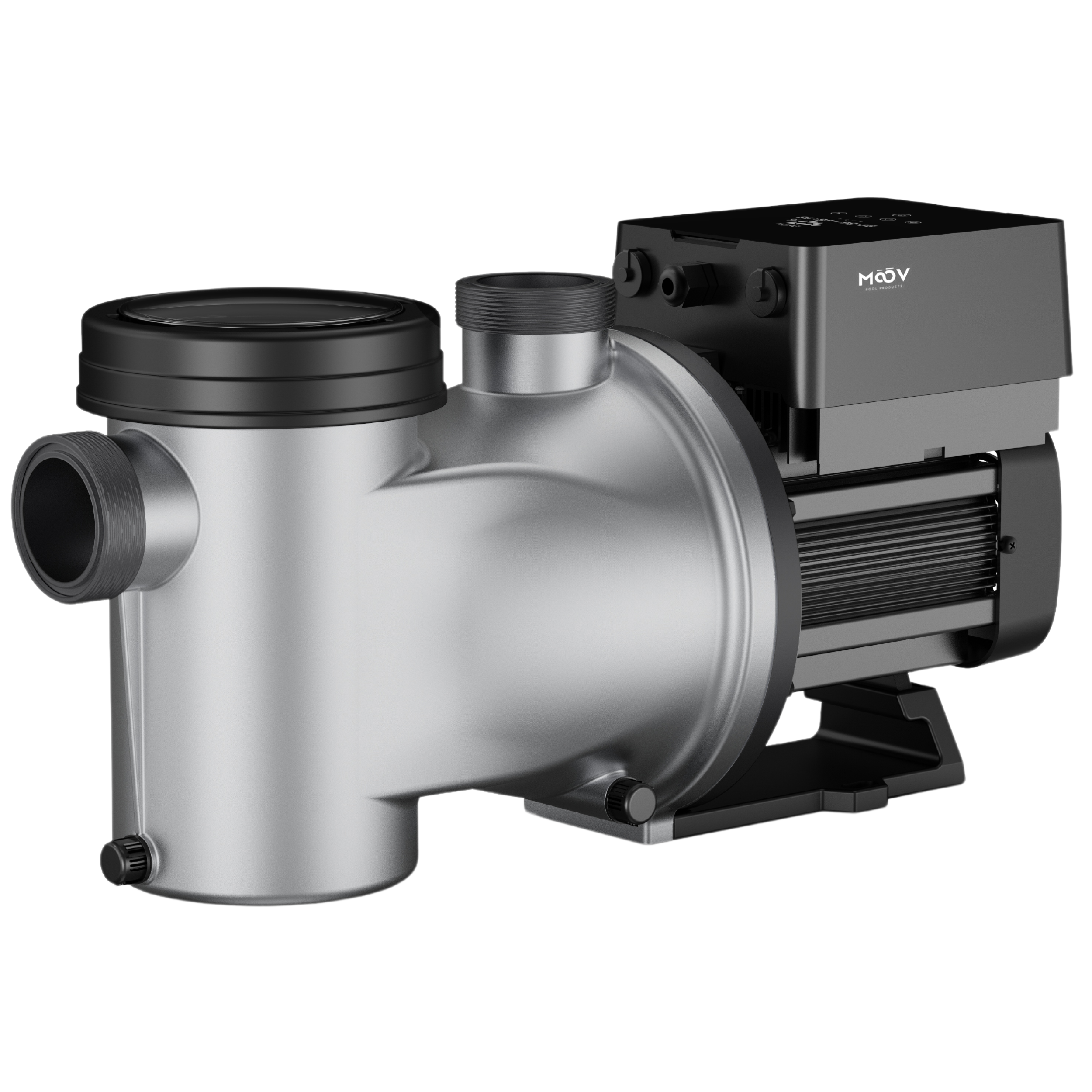 A MOOV pool pump with a brushed silver metal body and black plastic components, including the motor housing, inlet cap, and outlet pipe, shown on a solid white background.