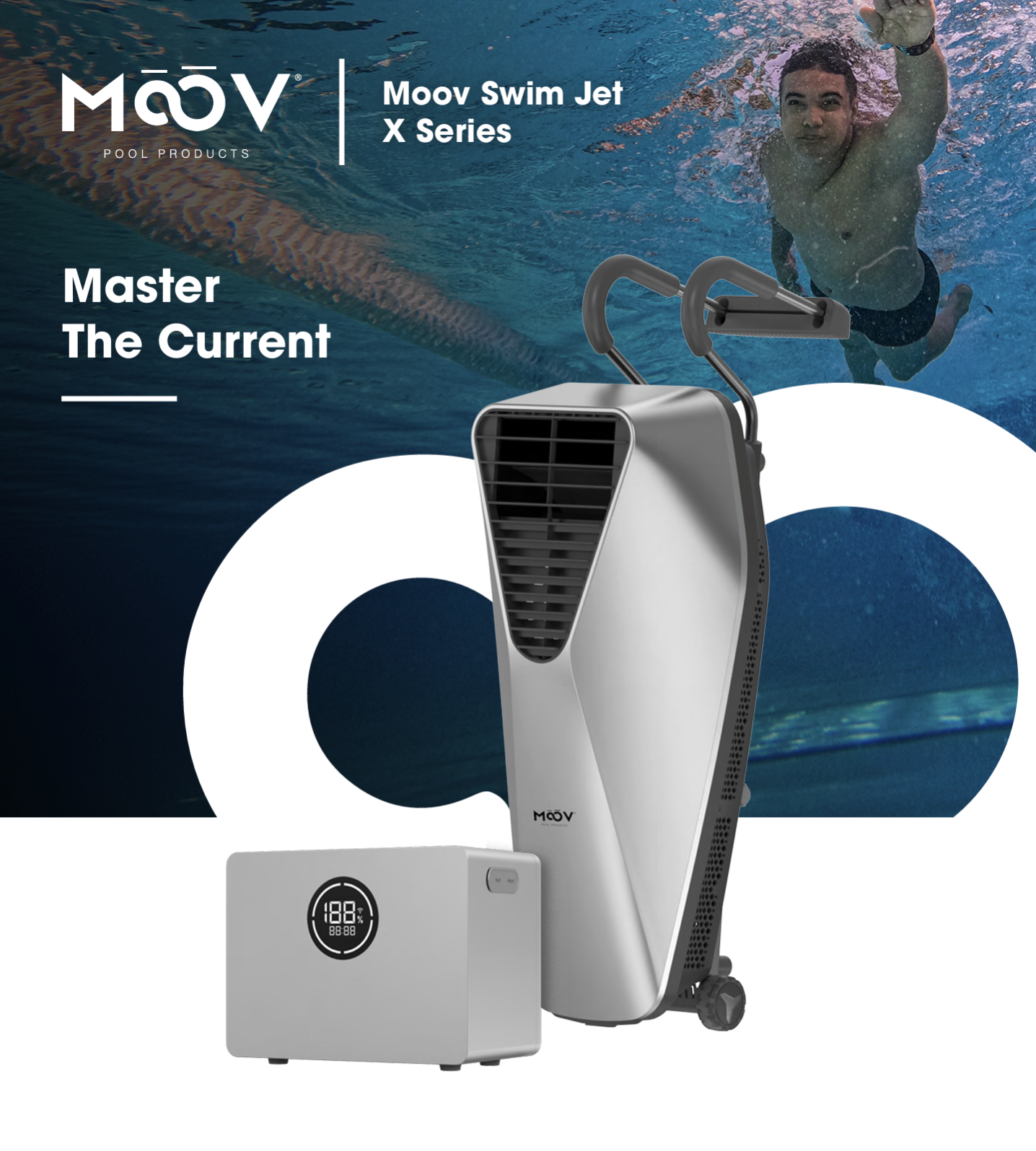 Moov Swim Jet X Series pool fan and pump combo shown in a promotional graphic. The main product is a silver and black Moov Swim Jet X Series fan with a handle, alongside a smaller white pump unit.
