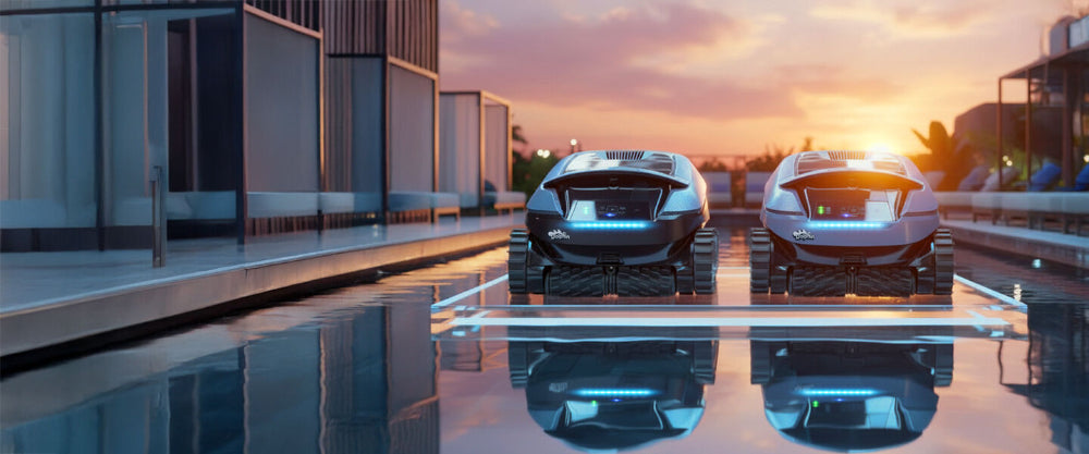 Two futuristic pool cleaners on a reflective surface with a cityscape and sunset in the background