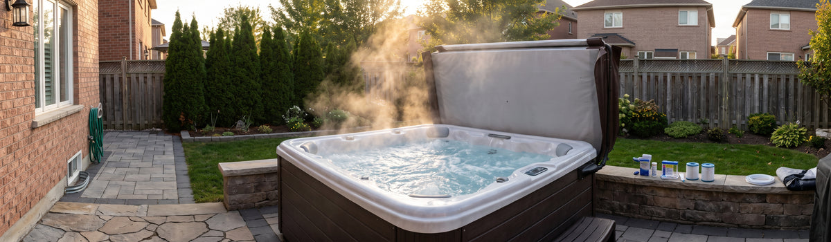 Cinematic wide view of an outdoor hot tub on a backyard patio in Brooklin, Ontario, ready for professional diagnostic maintenance and repair by Main Street Pool & Spa.