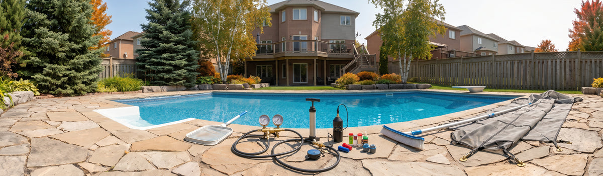 A backyard swimming pool in Newmarket with a stone patio in a residential neighborhood. Various pool maintenance items, including a pump, filter, and a covered skimmer or cover, are laid out on the patio in the foreground.