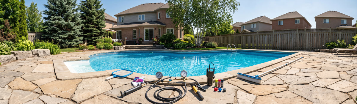 A backyard swimming pool in Brooklin with bright blue water and a stone patio, surrounded by a wooden fence and residential houses. Various pool cleaning and maintenance tools are laid out on the patio in the foreground.