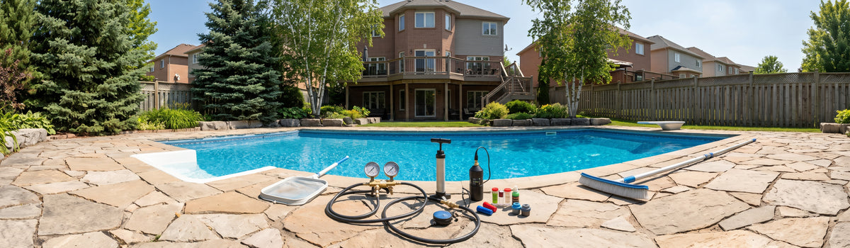 A backyard swimming pool in Newmarket with a stone patio in a residential neighborhood. Poolside equipment including a pump, hose, and skimmer are arranged on the stone deck, with houses, trees, and a wooden fence visible in the background.