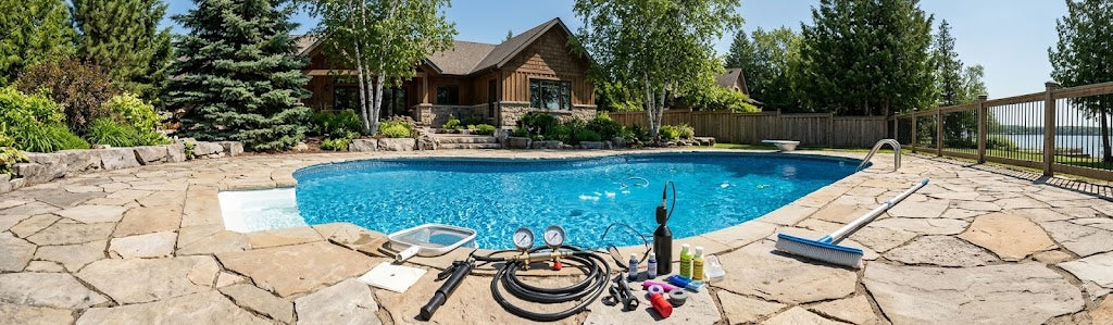 A stone patio in Port Perry surrounding a blue swimming pool with cleaning equipment laid out in the foreground, a wooden house and trees in the background, and a large rectangular overlay obscuring the center of the pool area.