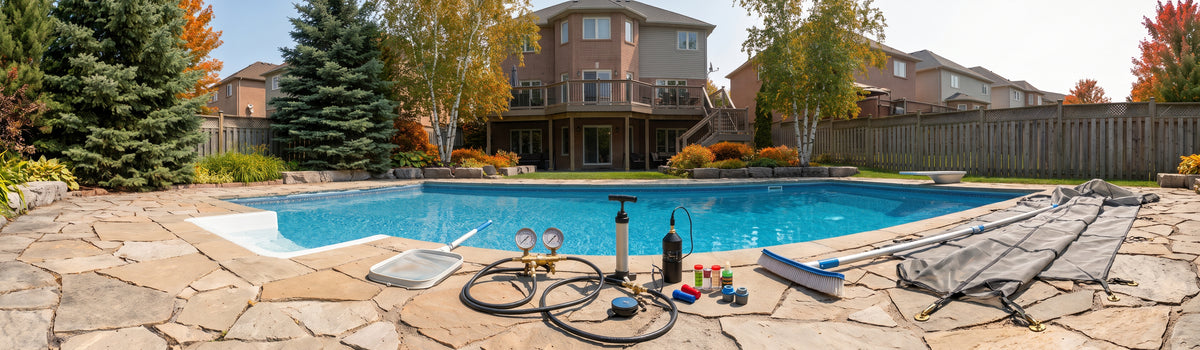 Cinematic wide view of an inground swimming pool in a Newmarket, Ontario backyard on a bright spring morning, with pool opening equipment and startup supplies neatly arranged on the flagstone patio.