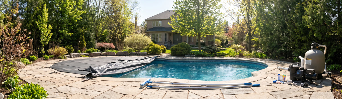 A bright springtime backyard in Pickering, Ontario, showing an inground pool with a winter safety cover being pulled back to reveal clean blue water, alongside poolside opening equipment, poles, and filtration gear.