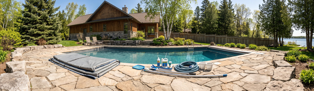 A stone patio in Port Perry surrounding an in-ground swimming pool with a folded pool cover on the left, cleaning tools and a hose on the right, and a large log cabin with trees in the background.