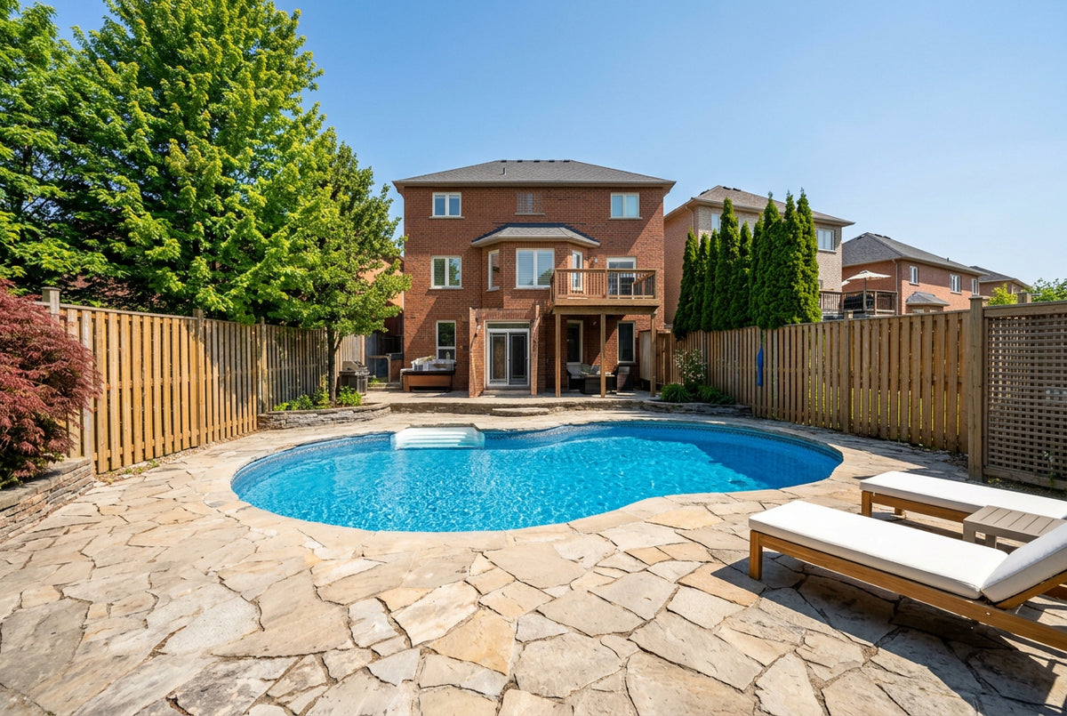 A backyard swimming pool with a stone patio, wooden fences, green trees, and a brick house in the background.