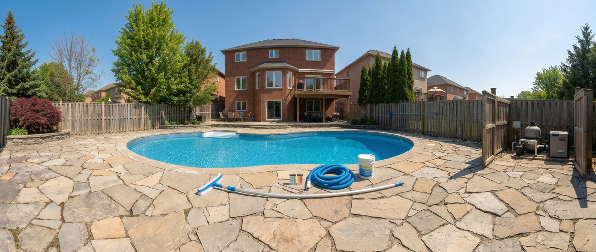 A backyard swimming pool in Stouffville with a stone patio, surrounded by a wooden fence and a brick house under a clear blue sky. Pool cleaning equipment including a hose, ladder, and bucket are laid out on the patio.