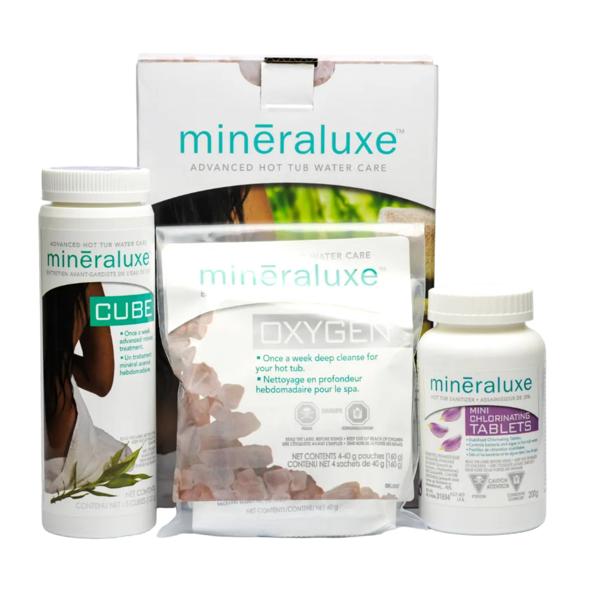 A Mineraluxe hot tub chemical kit which includes a bottle of chlorine, a packet of pH plus, and a packet of buffer plus.