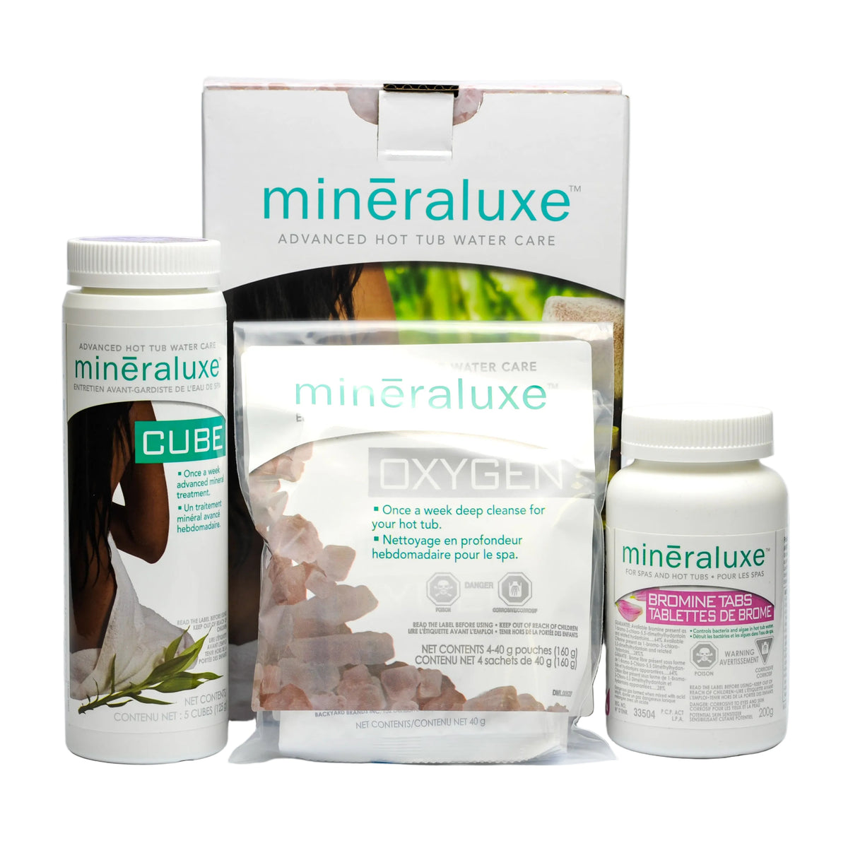 A Mineraluxe hot tub maintenance kit with bromine tablets, oxygen sachets, and mineraluxe cubes displayed against a white background.