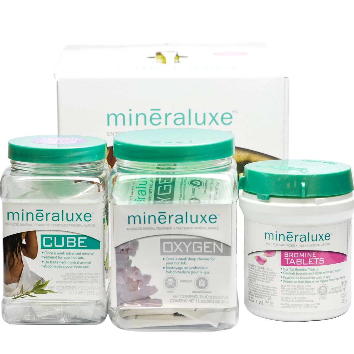 A set of Mineraluxe branded hot tub chemical maintenance kits including containers of bromine tablets, oxygen sachets, and mineraluxe cubes.