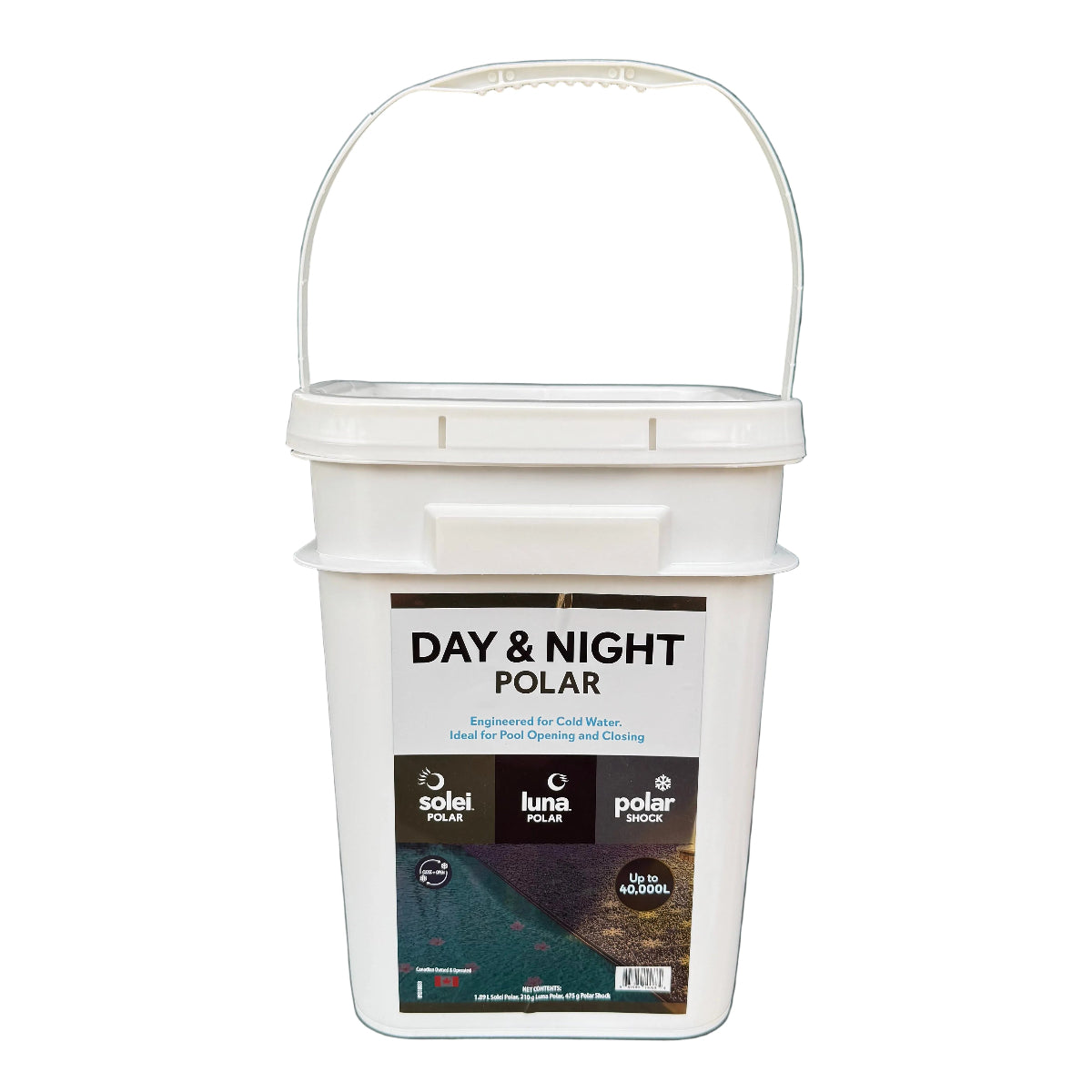A white plastic bucket with a handle, labeled 'DAY & NIGHT POLAR,' sitting on a black table outdoors in front of a blue-gray house wall.