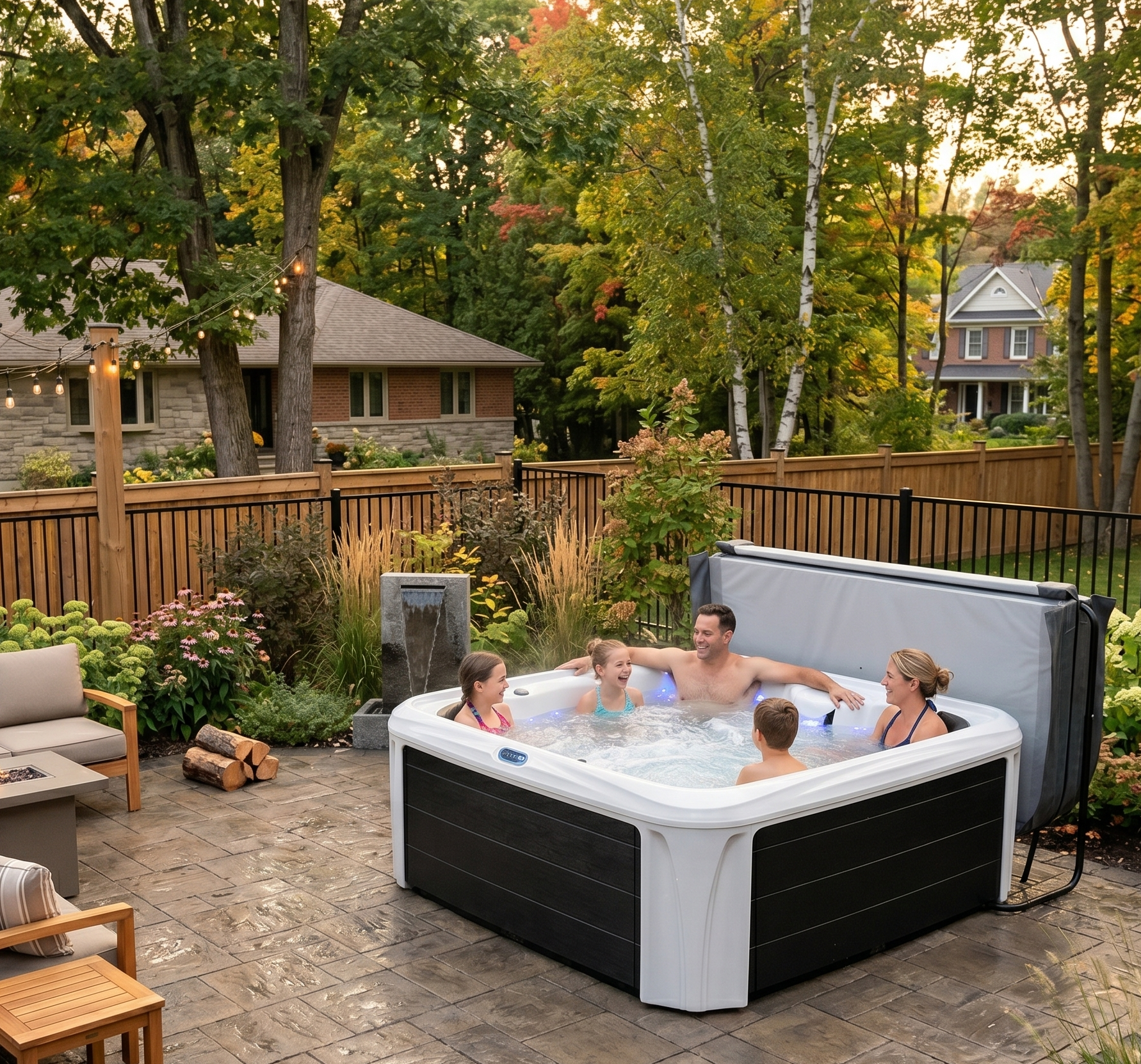 Family enjoying a hot tub in a backyard setting with trees and houses in the background.