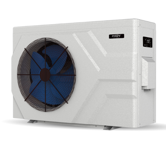 White heat pump unit with blue fan on a white background