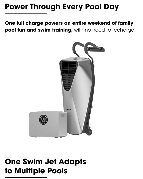 A promotional product graphic showing a white and silver pool swim jet unit with a black handle, alongside a small white control box, with marketing text about pool day and multiple pools.
