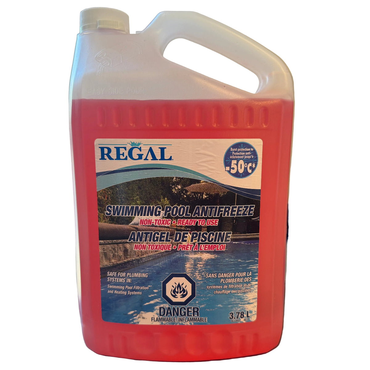 A large plastic jug of Regal Swimming Pool Antifreeze with pink liquid inside, placed on top of a gray container in an indoor setting.