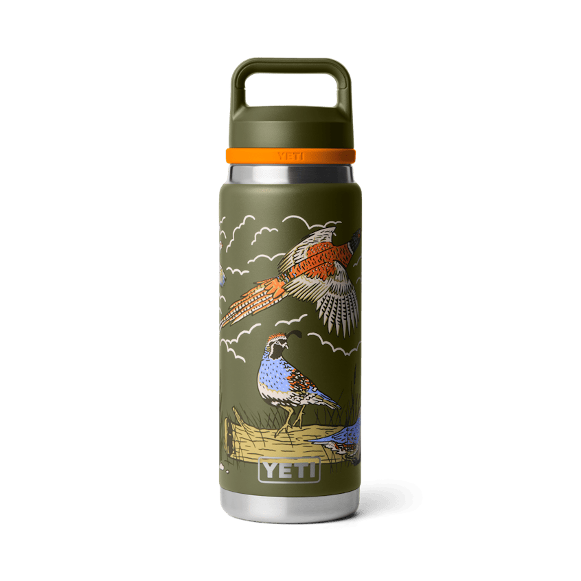 A YETI insulated water bottle with a handle, featuring an olive green body decorated with a detailed illustration of pheasants and wild birds, set against a solid dark green background.