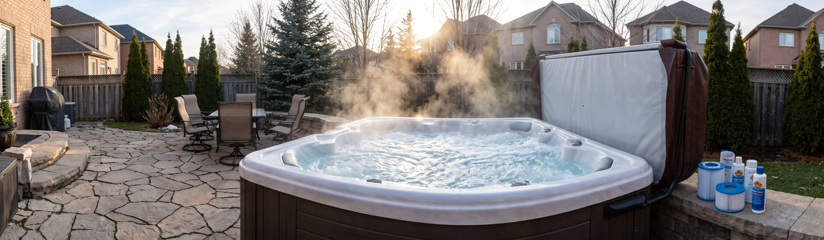 A steaming, bubbling outdoor hot tub on a natural stone patio in a Newmarket, Ontario backyard during a cool late afternoon. A partially open winter cover and maintenance accessories sit on the edge against a backdrop of suburban homes and evergreen privacy hedges.