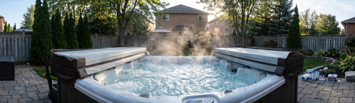 Cinematic wide view of an outdoor hot tub on a backyard patio in Oshawa, Ontario, ready for professional diagnostic service and repair by Main Street Pool & Spa.