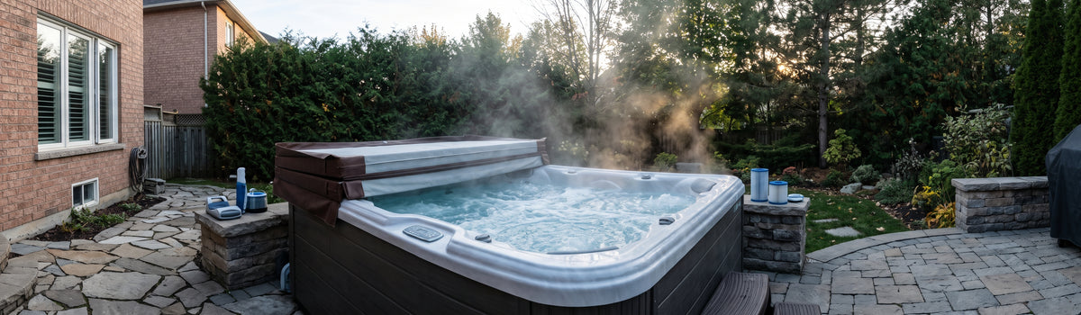A steaming, bubbling outdoor hot tub on an interlock and flagstone patio in a Pickering, Ontario backyard on a crisp late afternoon, with its insulated cover folded open and lush perimeter trees and cedar hedges in the background.