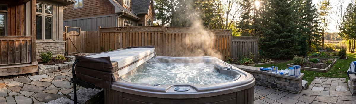 Cinematic wide view of an outdoor hot tub on a backyard patio in Port Perry, Ontario, ready for professional diagnostic maintenance and repair by Main Street Pool & Spa.