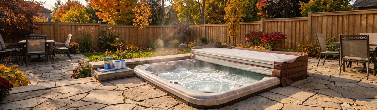 A bubbling, steaming outdoor hot tub nestled into a natural flagstone patio in a Whitchurch-Stouffville, Ontario backyard during a crisp autumn afternoon, with its thermal cover partially open and colorful fall foliage and natural wood fencing in the background.
