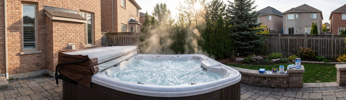 Cinematic wide view of an outdoor hot tub on a backyard patio in Whitby, Ontario, ready for professional diagnostic maintenance and repair by Main Street Pool & Spa.