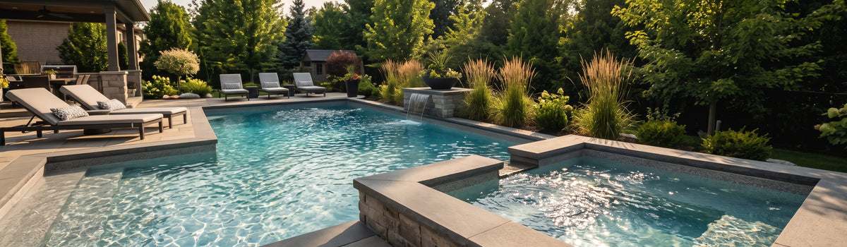 A cinematic, wide-angle photograph of a luxurious backyard oasis in York Region, Ontario, featuring an inground swimming pool and an in-ground spa/hot tub with crystal-clear, shimmering water. The lushly landscaped property is shown on a warm, sunny late afternoon, featuring comfortable lounge chairs, a stone patio, a covered outdoor pavilion, and dense surrounding trees and ornamental grasses.