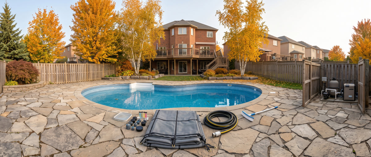 Backyard swimming pool in the Stouffville area with a stone patio, wooden fences, autumn trees, and a two-story house in the background. Pool cover, hose, ladder, and other pool accessories are laid out on the patio.