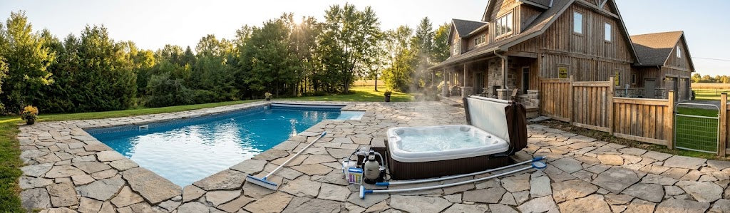 Outdoor backyard scene in Brock Ontario with a stone patio, blue swimming pool, hot tub, trees, and a large wooden house. No person is visible.