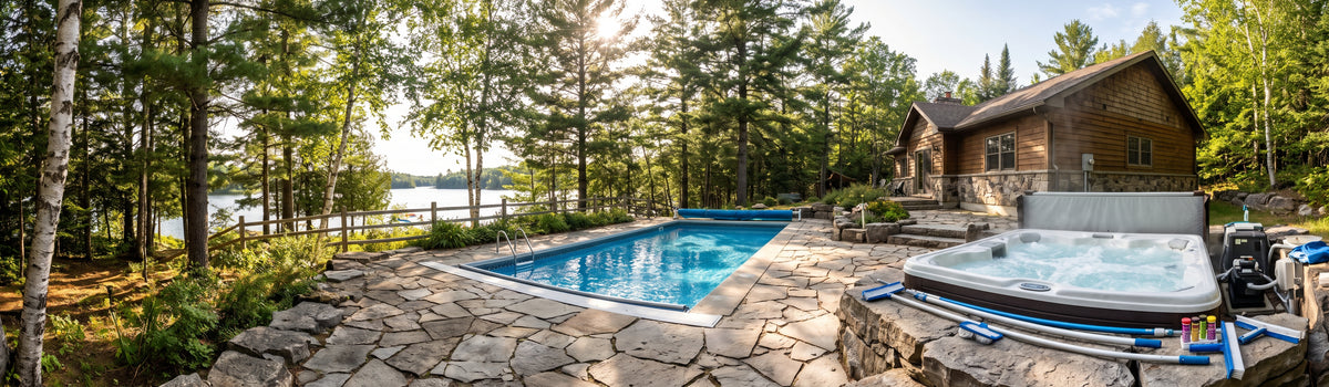 A luxury outdoor cabin scene in the Kawarthas featuring a rectangular swimming pool, a hot tub, a stone patio, and a wooden cabin surrounded by a dense pine forest and a lake in the background.