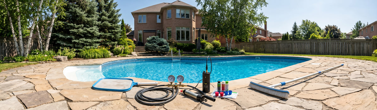 Outdoor swimming pool with stone patio, house in the background, and pool cleaning equipment laid out in the foreground including a ladder, hose, brushes, and chemicals.