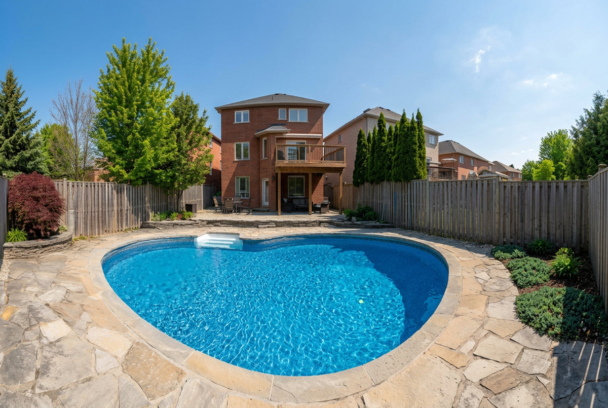 A backyard swimming pool with blue water and a stone patio, surrounded by a wooden fence and a brick house in the background.