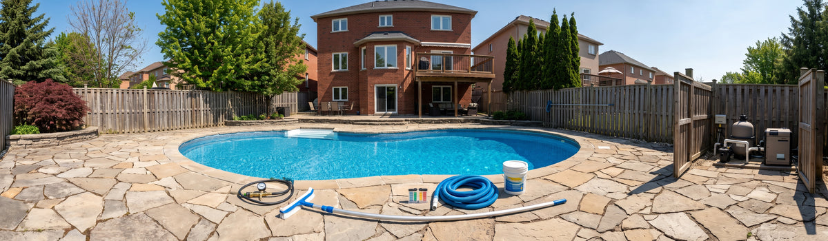 A backyard swimming pool in Stouffville with blue water and pool cleaning equipment on a stone patio, with a wooden fence, trees, and a brick house in the background.
