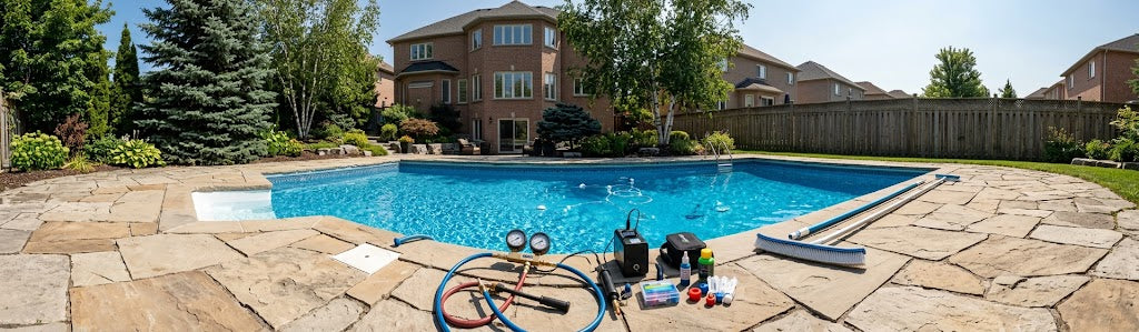 A backyard swimming pool in Whitby with a stone patio, surrounded by trees and houses. In the foreground on the patio, a pool cleaning or maintenance kit with hoses, equipment, and a ladder is arranged near the pool edge.