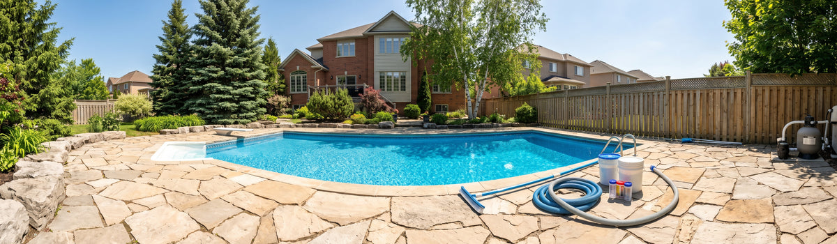 A backyard swimming pool in Brooklin with a stone patio, wooden fence, and residential house in the background. Pool cleaning equipment, including a hose, ladder, and bucket, is visible on the pool deck.