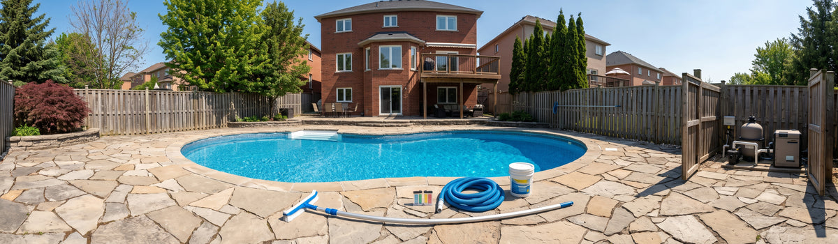 A round swimming pool in New Market with blue water in a backyard, surrounded by a stone patio, wooden fence, and a brick house under a blue sky.