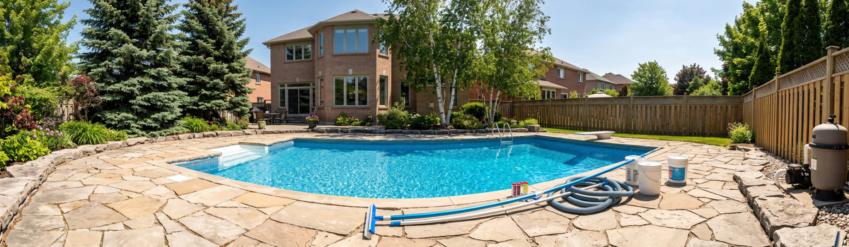 A backyard swimming pool in Oshawa with bright blue water, surrounded by a light stone patio, wooden fence, tall green trees, and a two-story house in the background.