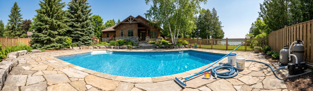 Cinematic wide view of an inground swimming pool in a Port Perry, Ontario backyard, with mobile pool service, diagnostics, and repair equipment neatly arranged on the flagstone patio.