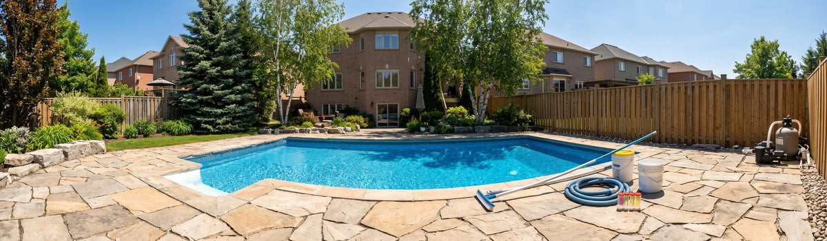 A backyard swimming pool in Whitby with a stone patio, wooden fence, trees, and residential houses in the background. Pool cleaning equipment, including a hose, brush, and bucket, is visible on the patio.