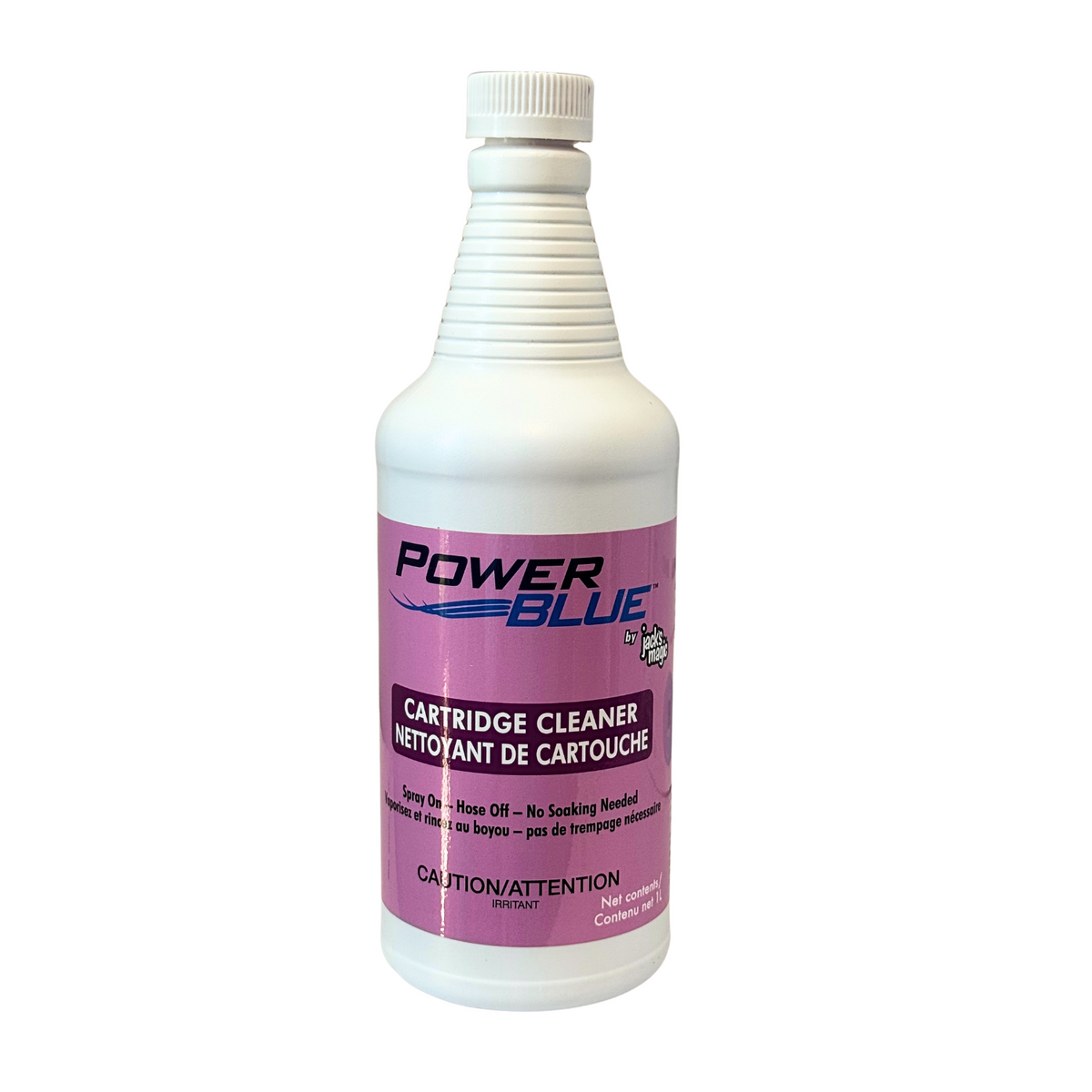 A white plastic bottle of Power Blue Cartridge Cleaner with a pink label, shown against a plain white background.