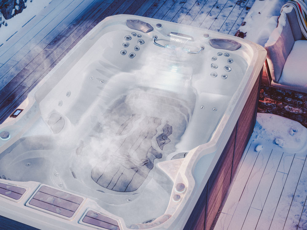 Sundance® Stream™ 13 Swim Spa steaming in a snow-covered backyard with a wooden deck and cozy outdoor furniture.