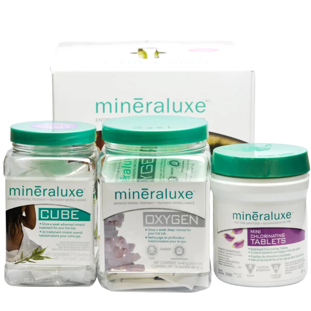 A Mineraluxe hot tub chemical system kit with containers labeled 'Chlorine', 'Oxygen', and 'CUBE' in front of a box with the Mineraluxe logo.